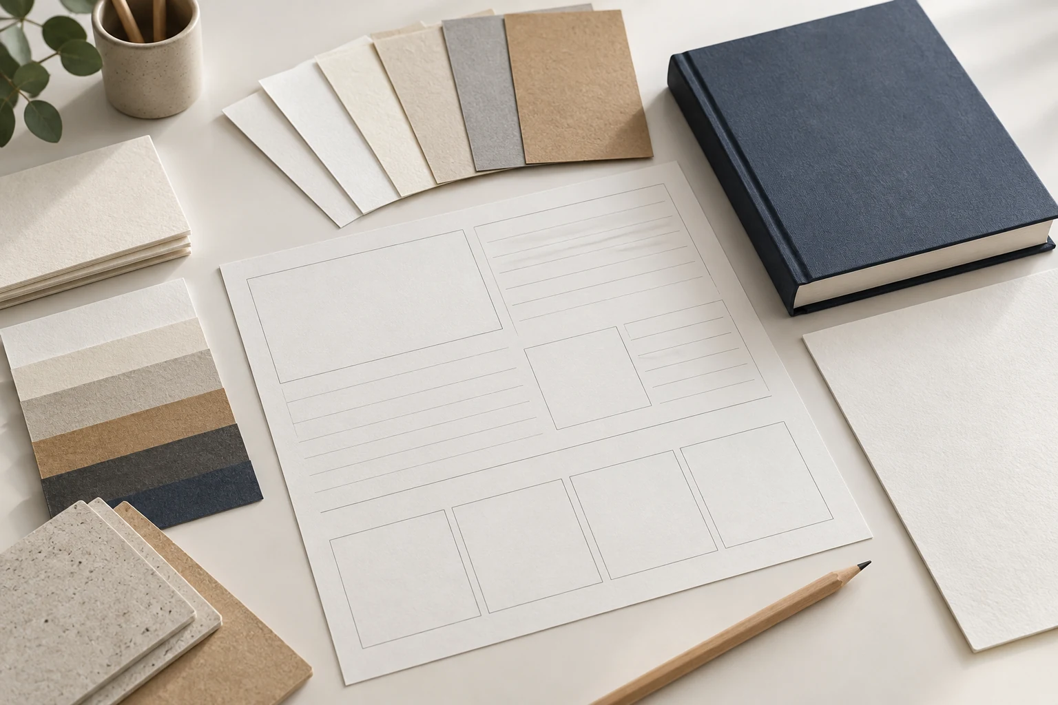 Editorial illustration of a blank book printing specification worksheet with paper swatches and a book dummy.