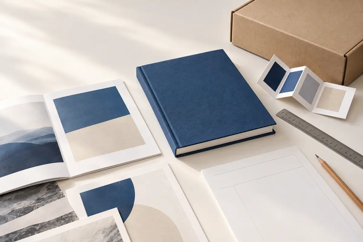 Book printing file planning with a cover dummy and paper samples