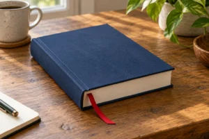 Book ribbon marker extending from a closed hardcover