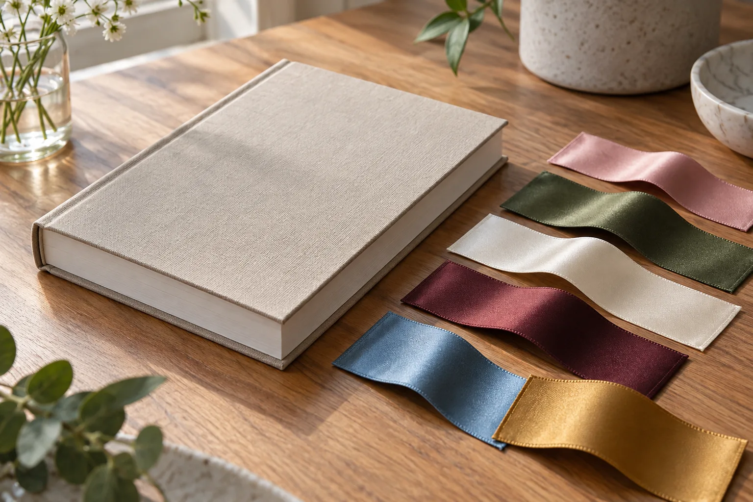 Ribbon samples in several colors beside a closed hardcover book