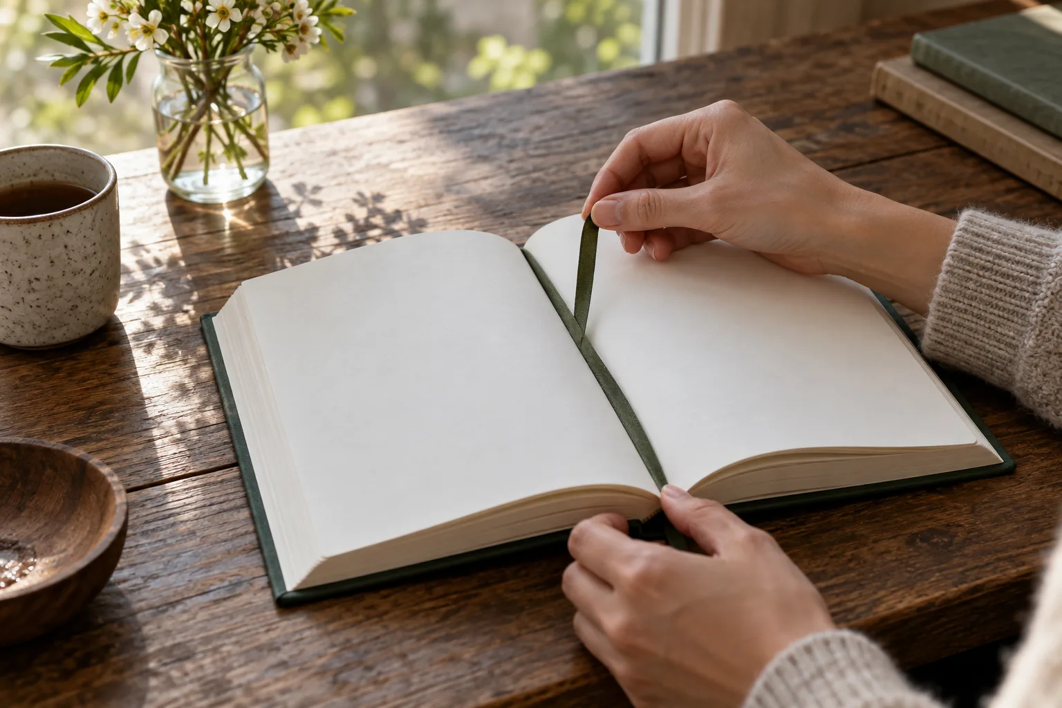 Hands examining a ribbon marker in an open hardcover book