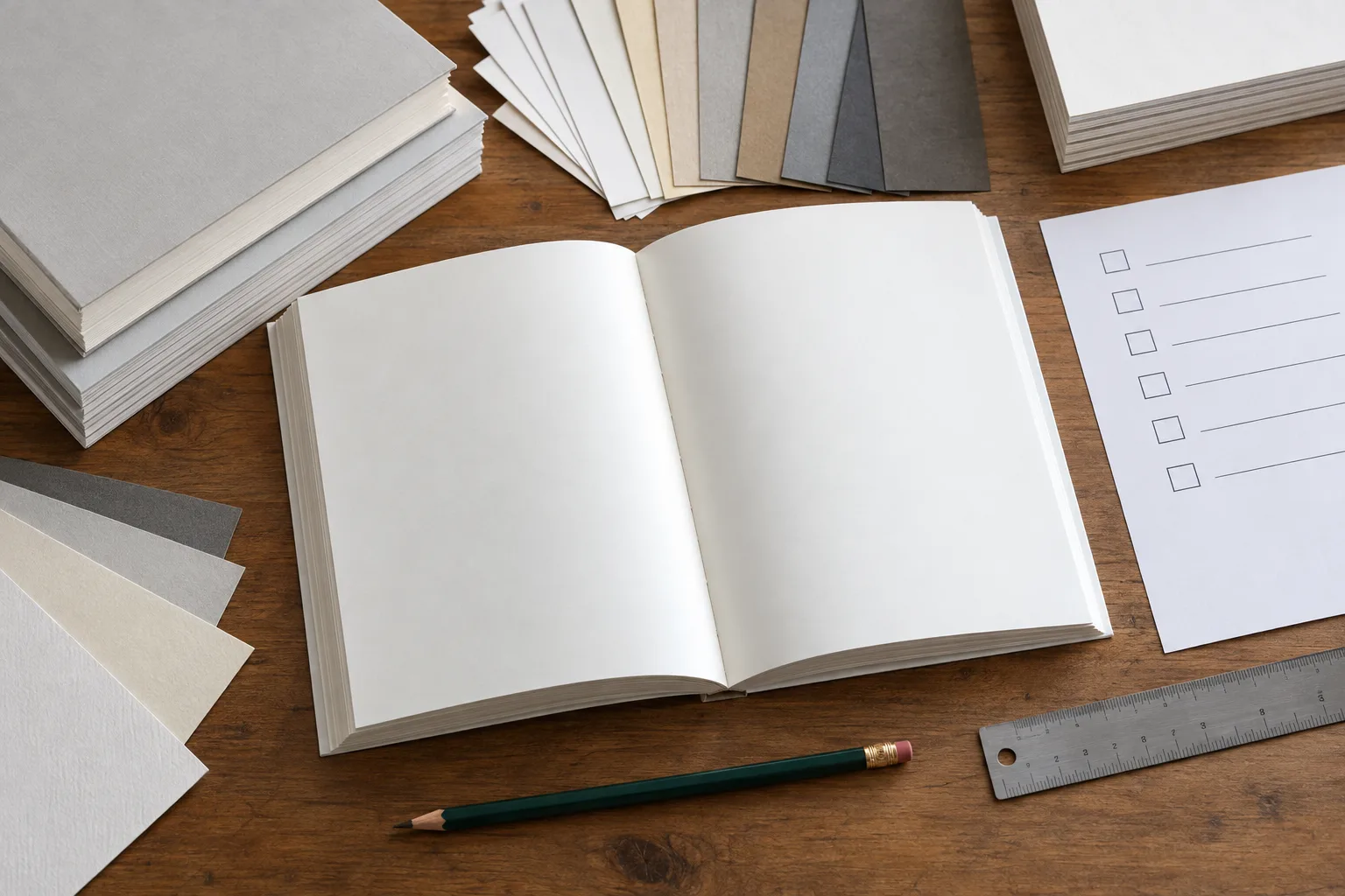 Book printer evaluation checklist with blank book proof pages and paper swatches