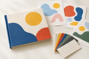 Editorial illustration of a blank children’s picture-book mockup, paper swatches and colour artwork sheets.