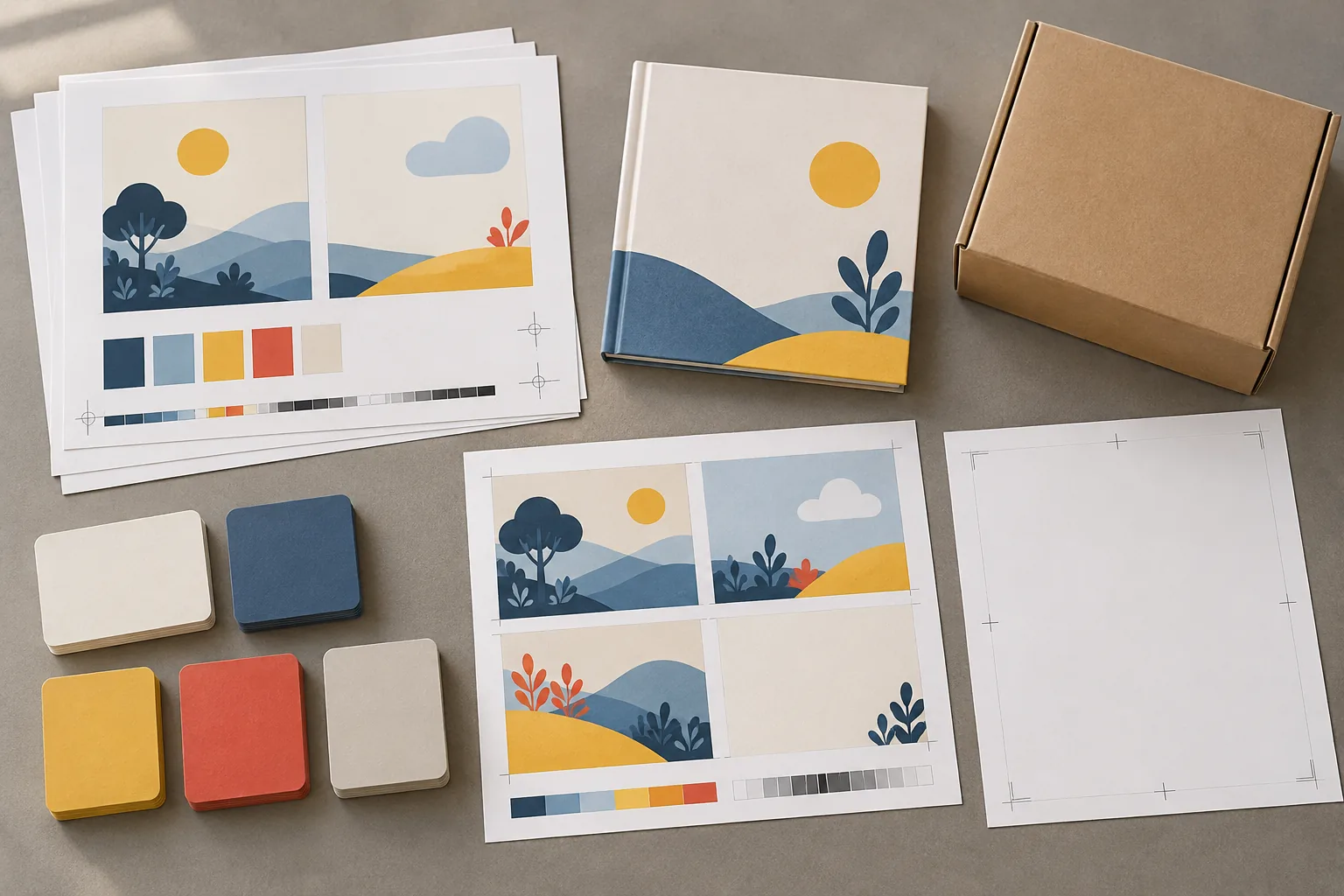Editorial illustration of blank book-production specification cards, proof sheets and a neutral shipping carton.