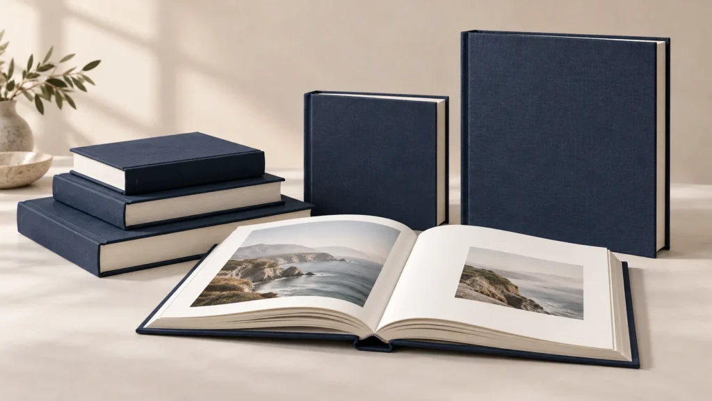 Unbranded hardbound books in different sizes with an open photo book