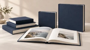 Unbranded hardbound books in different sizes with an open photo book