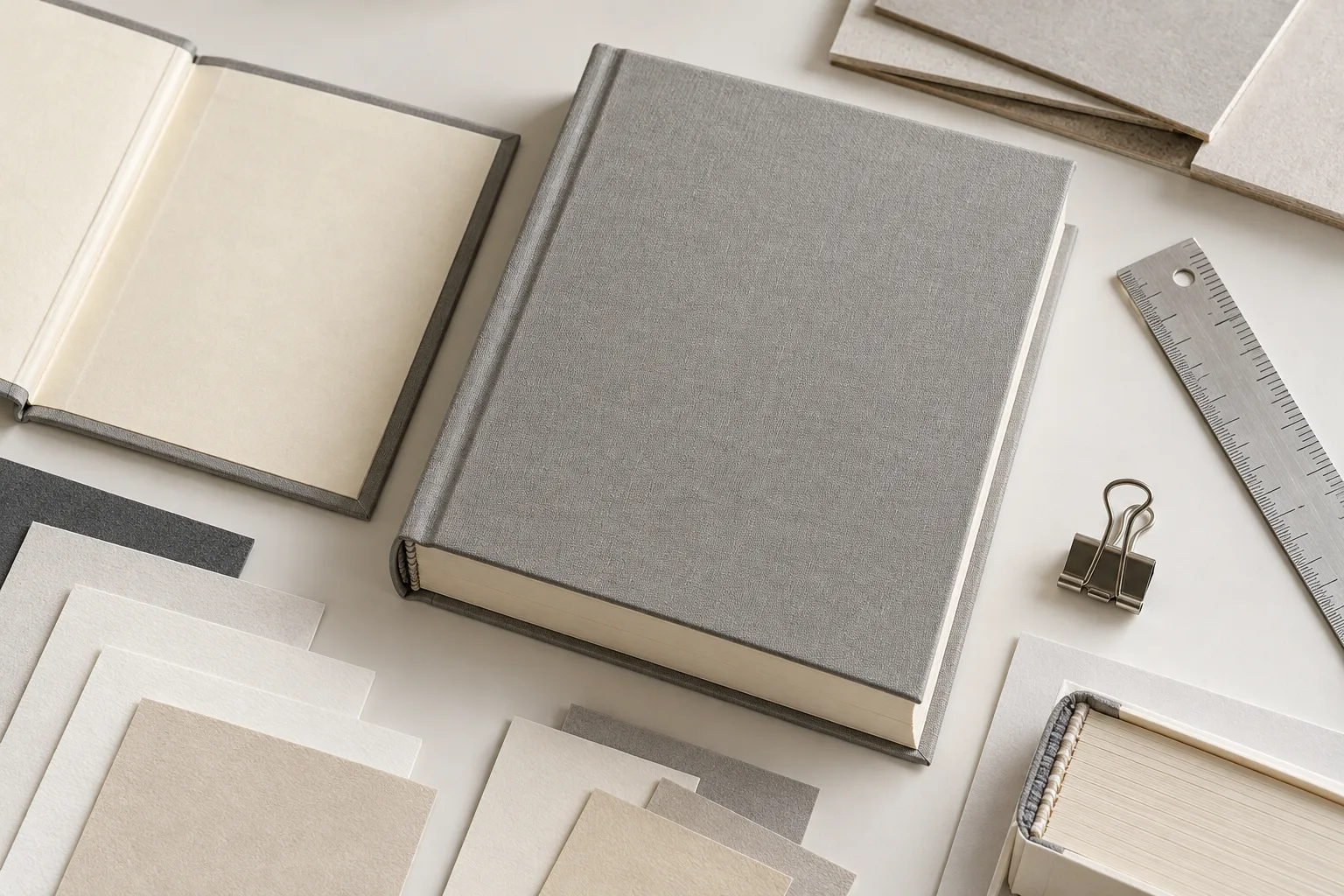 Hardbound book printing planning workspace with a gray casebound book, paper swatches, and ruler