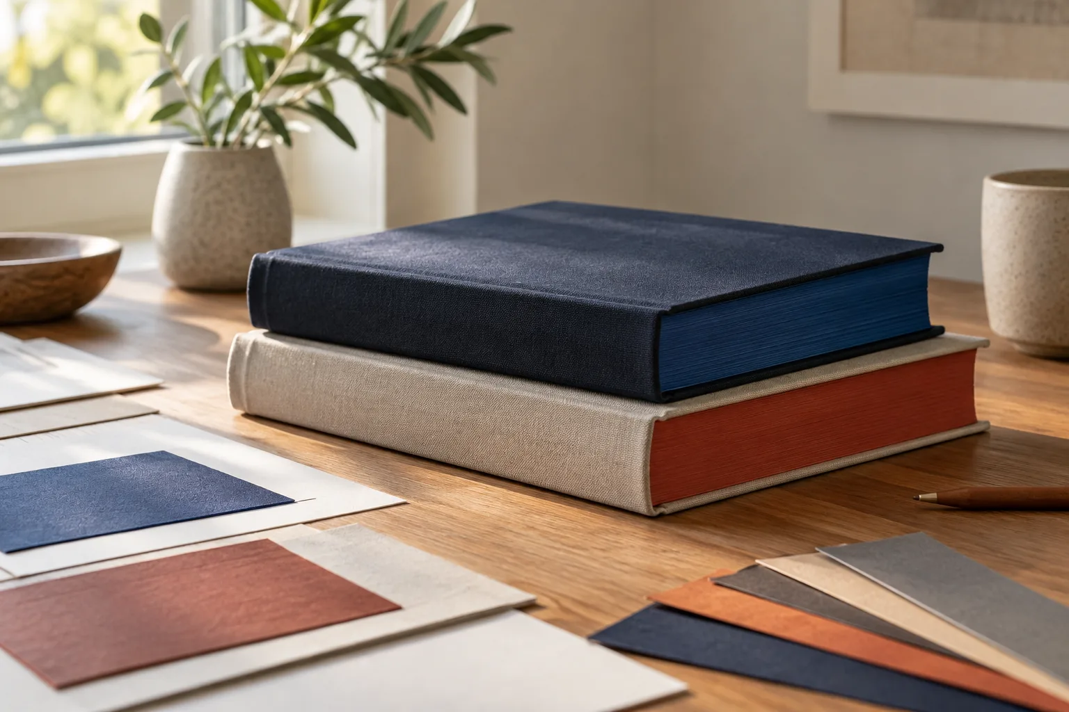 Books with colored page edges beside paper and color samples