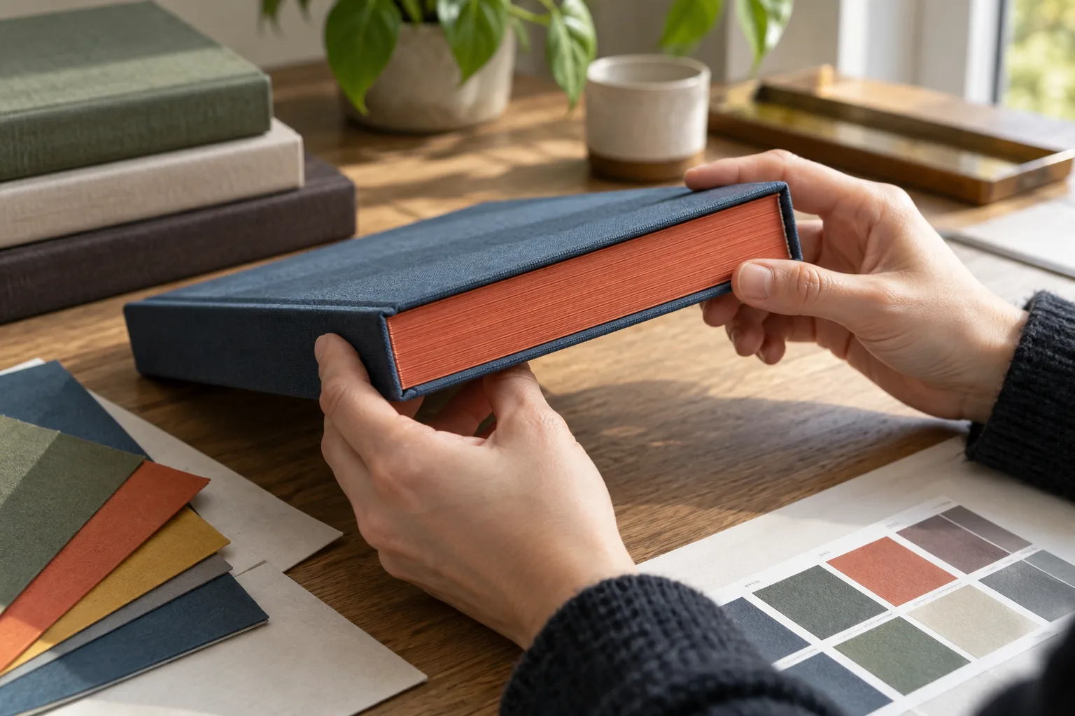 Hands examining a closed book with a colored page edge